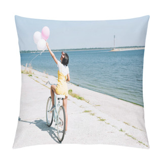 Personality  Back View Of Brunette Girl Riding Bike With Balloons Near River Pillow Covers
