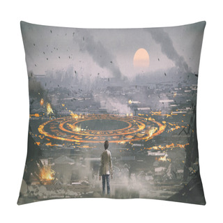 Personality  Post Apocalypse Scene Showing The Man Standing In Ruined City And Looking At Mysterious Circle On The Ground, Digital Art Style, Illustration Painting Pillow Covers