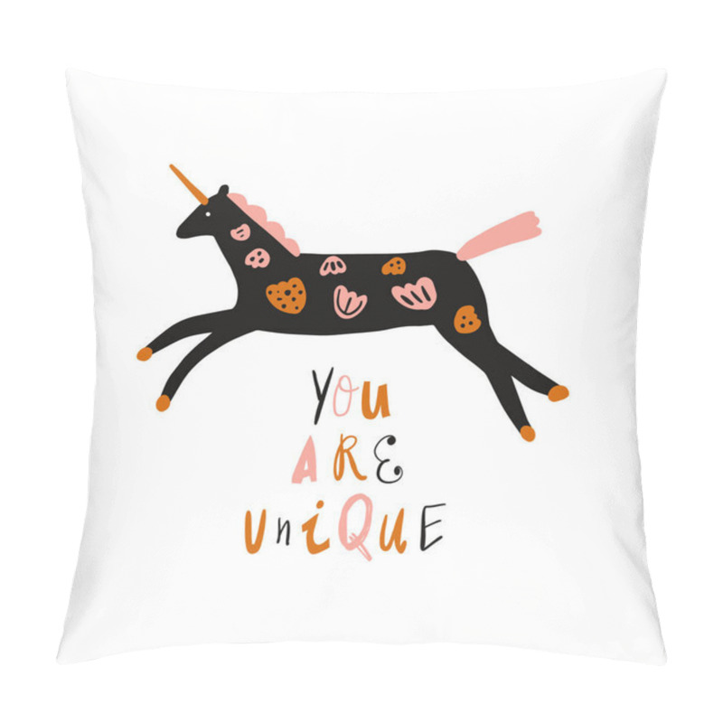 Personality  You are unique lettering text with boho unicorn. Folk art horse slovak ornament, swedish style drawing, pastel coloured nordic floral composition, scandinavian flower. Vector image pillow covers