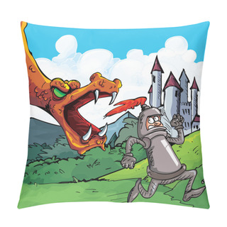 Personality  Cartoon Of A Knight Running From A Fierce Dragon Pillow Covers