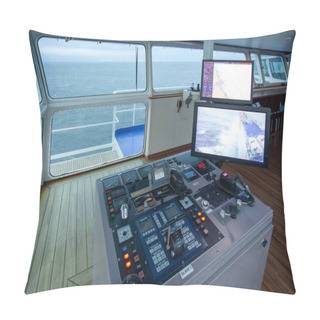 Personality  IJMUIDEN, NETHERLANDS - Sep 01, 2017: The Center Console In The Wheelhouse Of A Ferry. There Are A Lot Of Buttons And Computer Screens Designed For Steering The Ship Pillow Covers