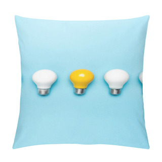 Personality  Top View Of White And Yellow Light Bulbs On Blue Background Pillow Covers