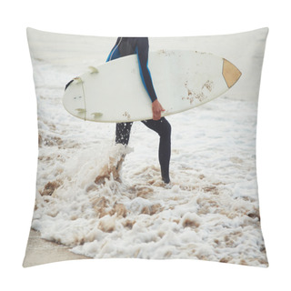 Personality  Attractive Professional Surfer Holding His Surfing Board Walking On The Beach, Handsome Surfer Walks Carrying His Surfboard With Ocean On Background, Filtered Image Pillow Covers