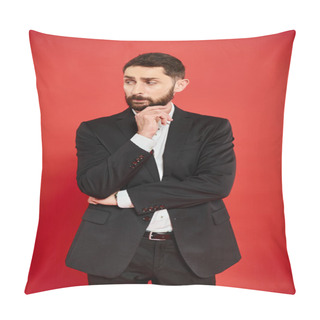Personality  Pensive Businessman In Black Suit Thinking And Looking Away While Standing On Red Backdrop Pillow Covers