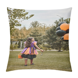Personality  Cute Girl In Halloween Costume Holding Balloons And Candy Bucket While Walking On Green Grass Pillow Covers