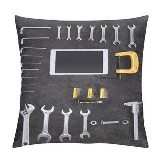 Personality  Top View Of Various Construction Tools And Digital Tablet On Black  Pillow Covers