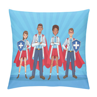Personality  Super Doctors Staff With Hero Cloaks And Shield Vs Covid19 Pillow Covers