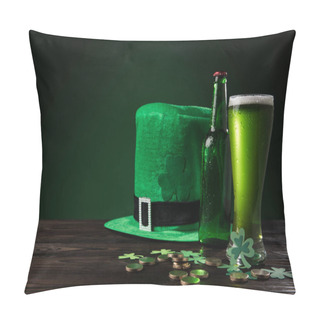 Personality  Green Hat With Green Beer And Coins On Wooden Table, St Patricks Day Concept Pillow Covers