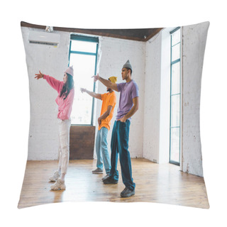 Personality  Side View Of Attractive Girl Gesturing While Breakdancing With Handsome Multicultural Men In Hats  Pillow Covers