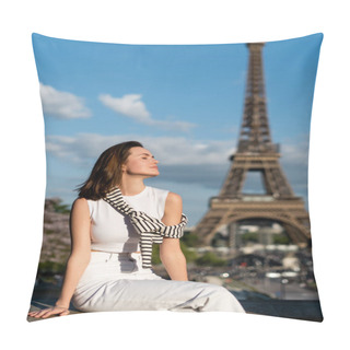Personality  Young Woman In Stylish Outfit Sitting Near Eiffel Tower In Paris, France Pillow Covers