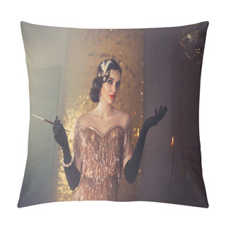 Personality  Portrait Of Retro Flapper Beauty Fashion Model. Woman Holding Long Slim Mouthpiece In Hand, Cigarette. Party 20s Style Room Full Smoke. Gold Shiny Dress, Accessories. Invitation Gesture, Free Space Pillow Covers