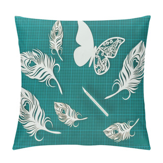Personality  Top View Of Cut Paper Butterfly And Feathers On Turquoise Scale Pillow Covers