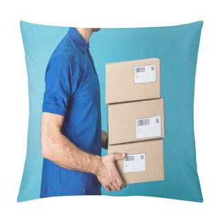 Personality  Side View Of Delivery Man Holding Cardboard Packages Isolated On Blue Pillow Covers
