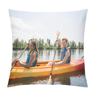 Personality  Happy And Charming African American Woman With Young And Redhead Man Holding Paddles And Sailing In Sportive Kayak On Scenic Lake On Active Summer Weekend Pillow Covers