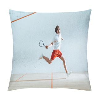 Personality  Full Length View Of Sportsman With Racket Running While Playing Squash Pillow Covers