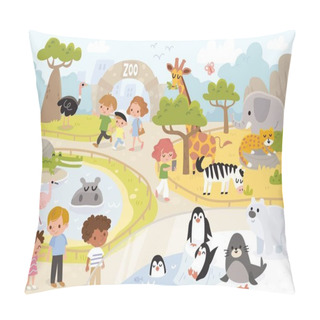 Personality  Families With Minor Children Walking Around Zoo To See Animals. Zoo Trip. Family Spending The Day Visiting Zoo With Kids To Learn About The Wildlife Animals. Family Outing. People Walking In Zoo. Pillow Covers