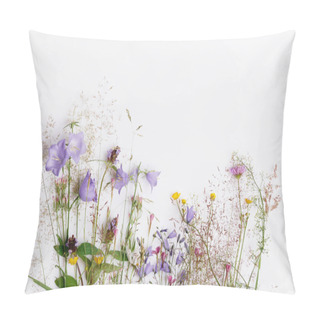 Personality  Floral Pattern With Wildflowers, Green Leaves, Branches On White Background. Flat Lay, Top View. Pillow Covers