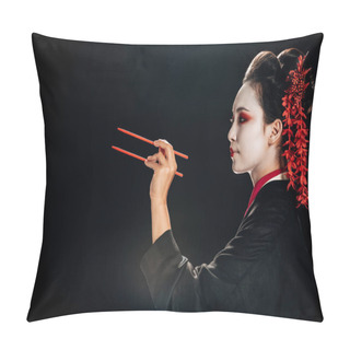 Personality  Side View Of Beautiful Geisha In Black Kimono With Red Flowers In Hair Holding Chopsticks Isolated On Black Pillow Covers
