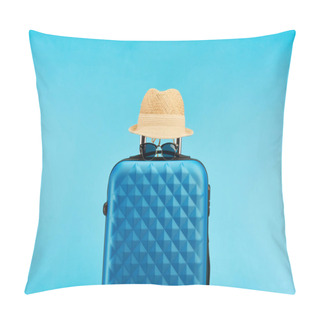 Personality  Blue Colorful Travel Bag With Sunglasses And Straw Hat Isolated On Blue Pillow Covers