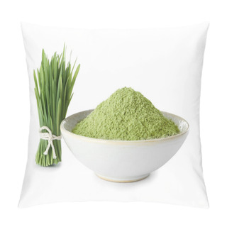 Personality  Fresh Wheat Grass And Bowl With Powder On White Background Pillow Covers