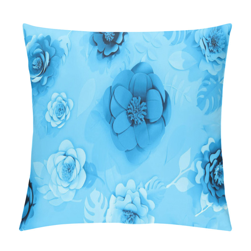 Personality  Top View Of Paper Leaves And Flowers On Blue Minimalistic Background Pillow Covers