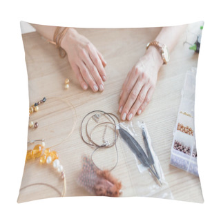 Personality  Cropped Shot Of Woman With Beads And Threads For Handmade Accessories In Workshop Pillow Covers