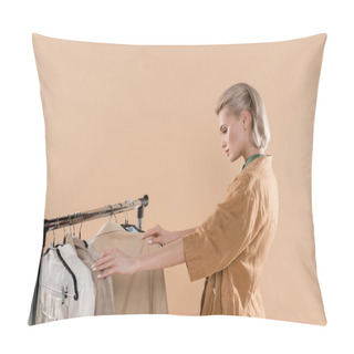 Personality  Blonde Woman Looking At Eco Clothing Isolated On Beige Pillow Covers