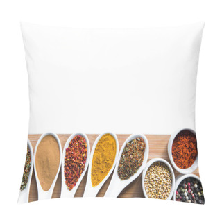 Personality  Spices And Herbs In Spoons Snd Bowles On Tabletop Pillow Covers