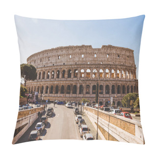 Personality  ROME, ITALY - 10 MARCH 2018: Ancient Colosseum Ruins On Sunny Day With Cars Parked On Street Pillow Covers