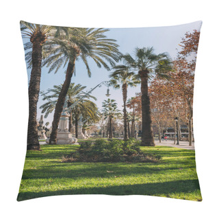 Personality  BARCELONA, SPAIN - DECEMBER 28, 2018: Beautiful Parc De La Ciutadella With Tall Green Palm Trees Pillow Covers