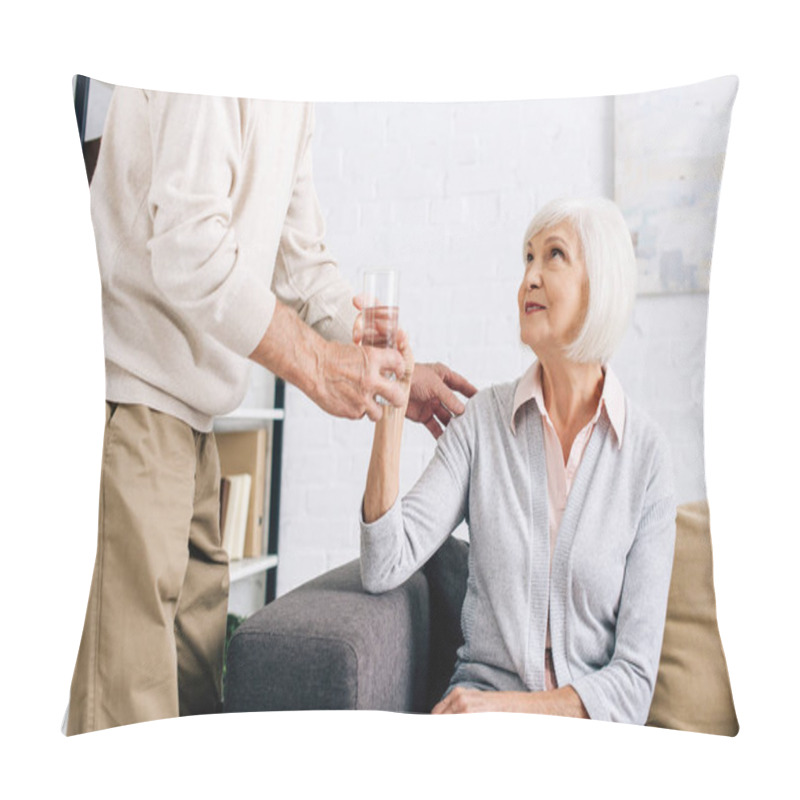 Personality  Cropped View Of Husband Giving Glass Of Water To Wife In Apartment  Pillow Covers