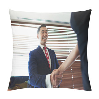 Personality  Smiling Asian Businessman Shaking Hands Pillow Covers