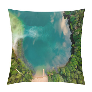 Personality  Aerial Top Down View Of Beautiful Green Waters Of Lake Gela. Birds Eye View Of Scenic Emerald Lake Surrounded By Pine Forests. Clouds Reflecting In Gela Lake, Near Vilnius City, Lithuania. Pillow Covers