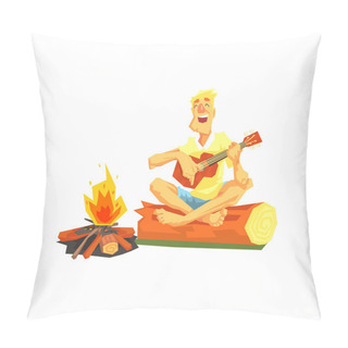Personality  Guy Playing Guitar Sitting On A Log Next To Bonfire Pillow Covers