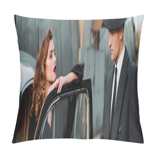 Personality Panoramic Shot Of Handsome Man In Hat Standing Near Attractive Woman In Retro Car Pillow Covers