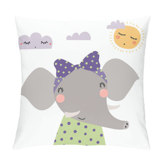 Personality  Hand Drawn Cute Funny Elephant Girl In Shirt With Ribbon, Sun And Clouds Isolated On White Background Pillow Covers