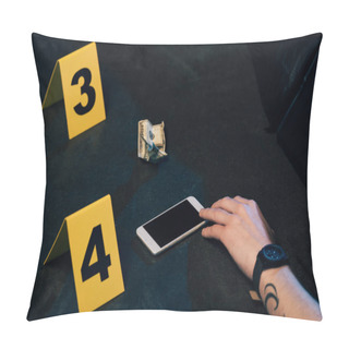 Personality  Partial View Of Covered Corpse With Smartphone And Dollar Banknote At Crime Scene Pillow Covers