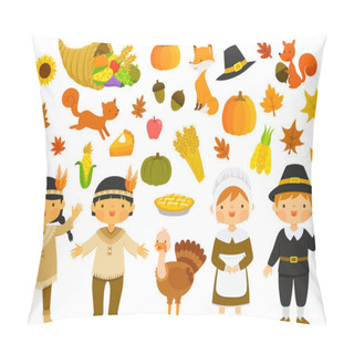 Personality  Set Of Illustrations For Thanksgiving With Characters And Holiday Symbols Pillow Covers