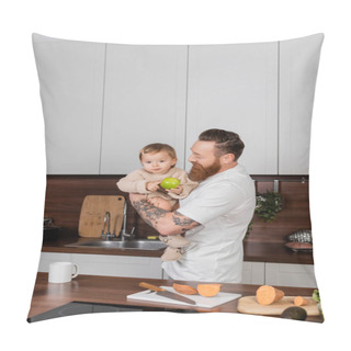 Personality  Bearded Man Holding Toddler Daughter With Apple In Kitchen At Home  Pillow Covers