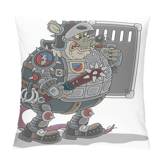 Personality  Spiteful Fat Rat Guard In Armor And A Helmet, Armed To The Teeth, Holding A Spiked Cudgel And A Shield, Preparing To Attack, Vector Cartoon Illustration Isolated On A White Background Pillow Covers