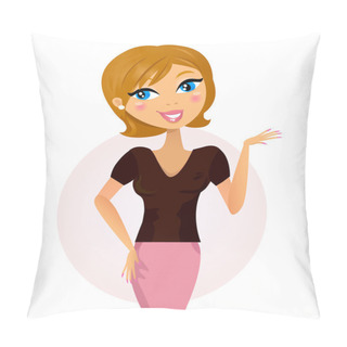 Personality  Happy Business Woman Showing Something / Makes Presentation Pillow Covers
