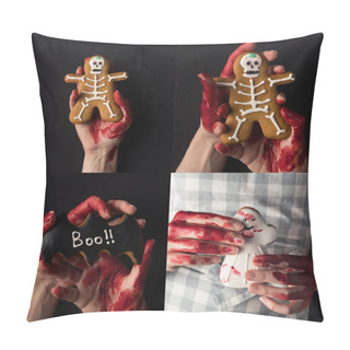 Personality  Collage Of People With Bloody Hands Holding Traditional Halloween Cookies Pillow Covers