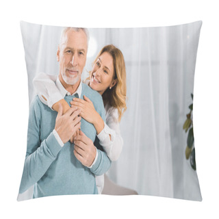 Personality  Happy Wife Embracing Mature Husband From Behind At Home Pillow Covers
