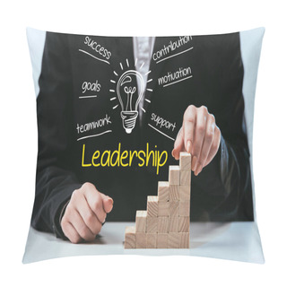 Personality  Cropped View Of Woman With Wooden Career Ladder, Components Of Leadership On Foreground Pillow Covers