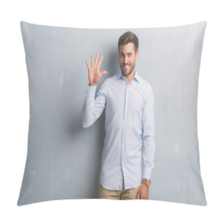 Personality  Handsome Young Business Man Over Grey Grunge Wall Wearing Elegant Shirt Showing And Pointing Up With Fingers Number Five While Smiling Confident And Happy. Pillow Covers