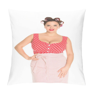 Personality  Smiling Plus Size Housewife In Red Dress With Curlers In Hair Isolated On White Pillow Covers