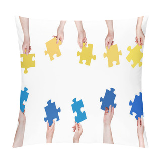 Personality  Blue And Yellow Puzzle Pieces In People Hands Pillow Covers