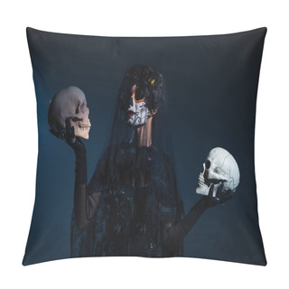 Personality  Woman In Traditional Mexican Day Of Dead Makeup And Costume Holding Skulls On Dark Blue Background Pillow Covers