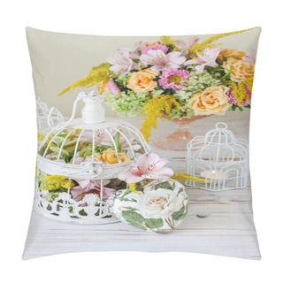 Personality  Floral Arrangement With Roses, Alstroemeria And Solidago Flowers Inside A Vintage Bird Cage. Step By Step, Tutorial Pillow Covers