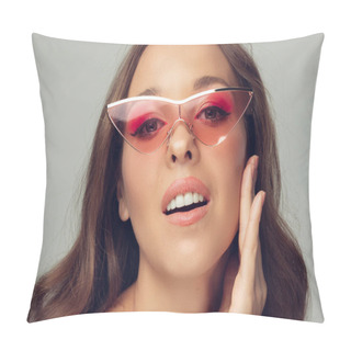 Personality  Close Up Of Beautiful Young Woman With Long Healthy Curly Hair And Bright Make Up Wearing Stylish Pink Eyewear Isolated On Grey Studio Backgroud, Smiling Pillow Covers